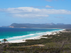 Looking down the Friendly Beaches in Freycinet