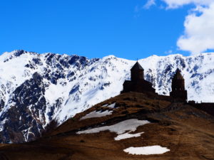 Gergeti Cathedral in Kazbegi offering stunning views in Spring