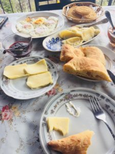 Enjoying a traditional Georgian Breakfast with cheese khinkali