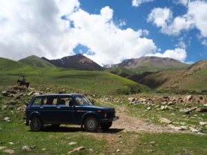 A lonely Lada on the way up to Kol-Ukok